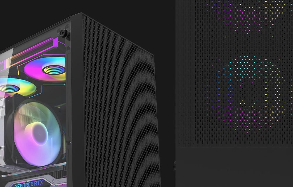 Darkflash M305 computer case in black color, next to it is a close-up of the fans.