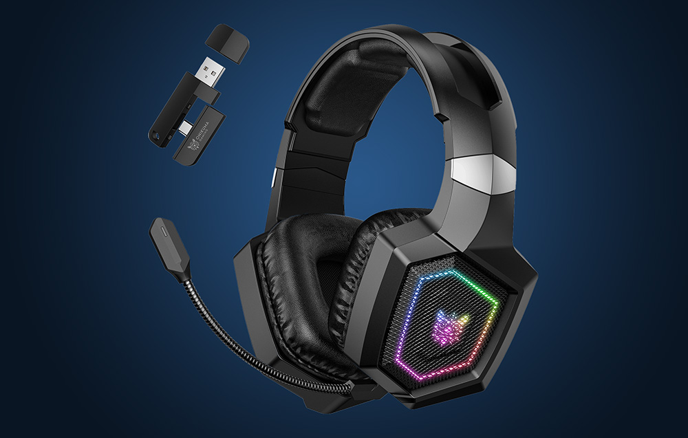 Onikuma gaming headphones on a dark blue background, with an adapter floating next to them