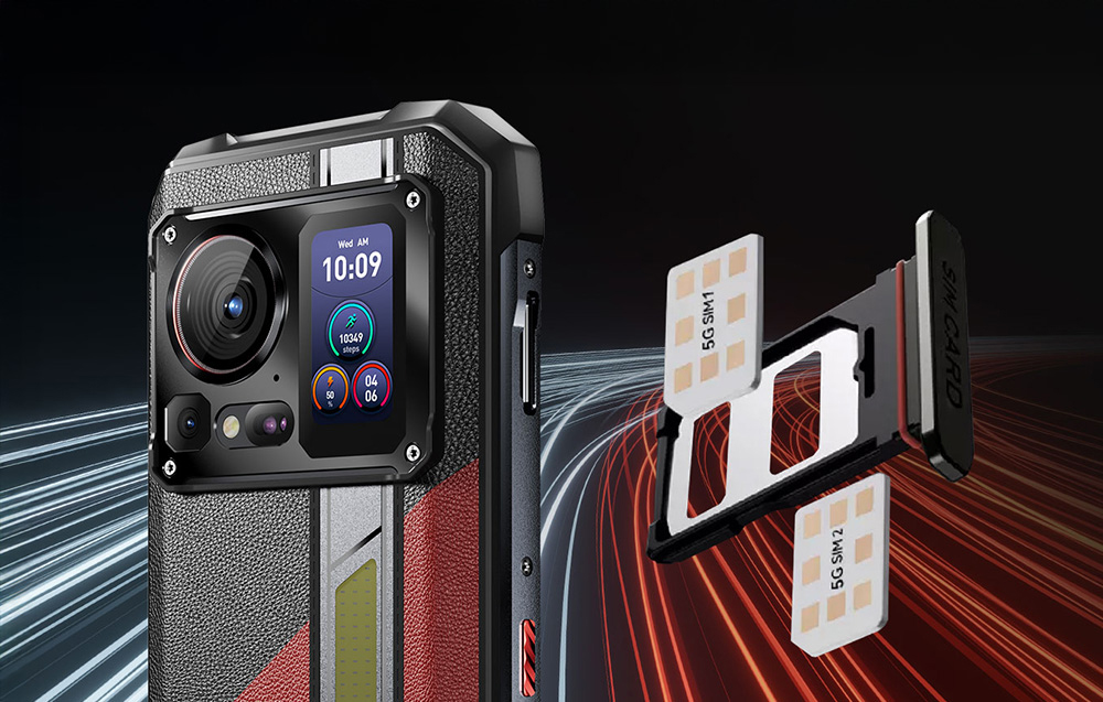 Close-up of the side SIM card slot on a rugged HOTWAV smartphone with the tray for two 5G cards extended.