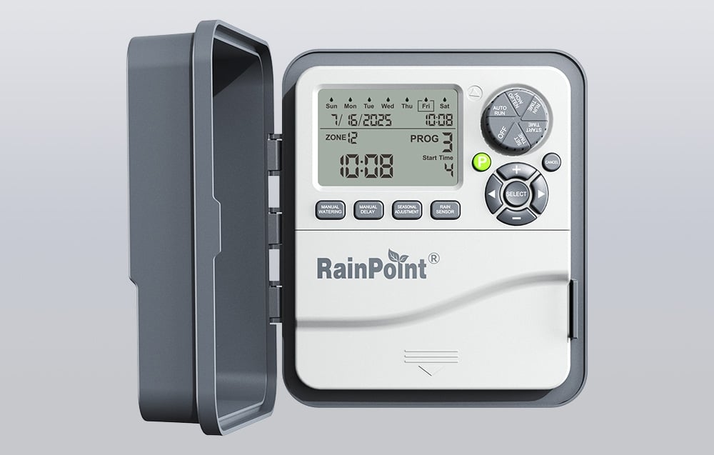 RainPoint irrigation controller with lid open, LCD display and control buttons visible.