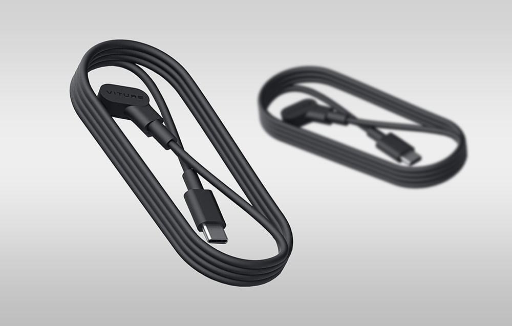 two black USB cables for Viture magnetic connector on a gray background