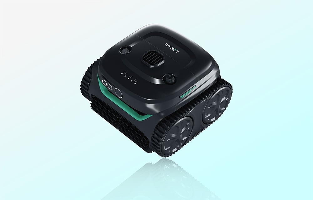 Black pool robot with turquoise accents shown from an isometric perspective on a light blue background with reflection