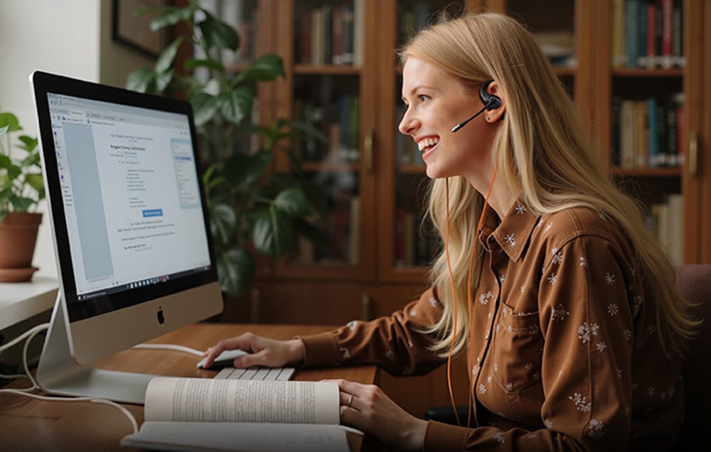Woman sitting at a computer in a library, wearing headphones with microphone, reading a book