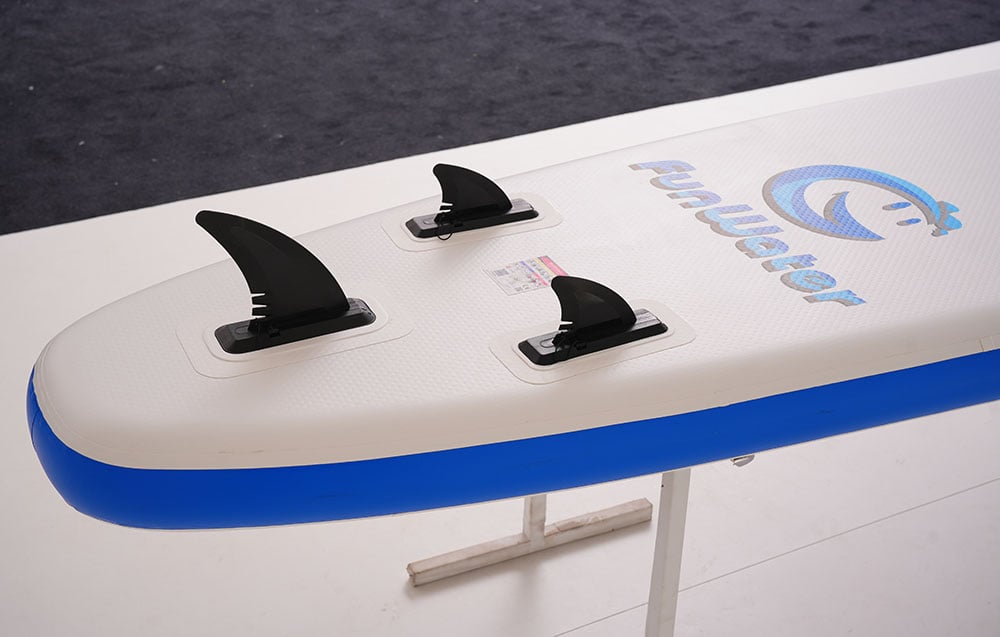 Close-up of a Funwater surfboard with fins