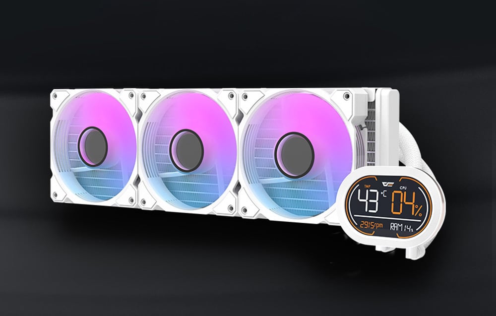 White AIO water cooling with three RGB fans and an LCD display showing temperature, CPU and RAM usage