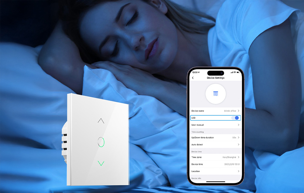 A white smart blind switch, next to a smartphone with the app, and a sleeping woman in the background at night