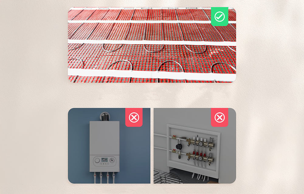 Comparison of heating systems: underfloor heating (green marker) and gas boilers (red markers)