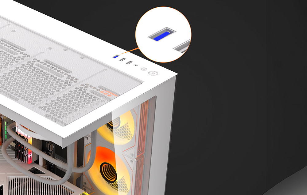 Top panel of the white DarkFlash case with USB ports and control buttons
