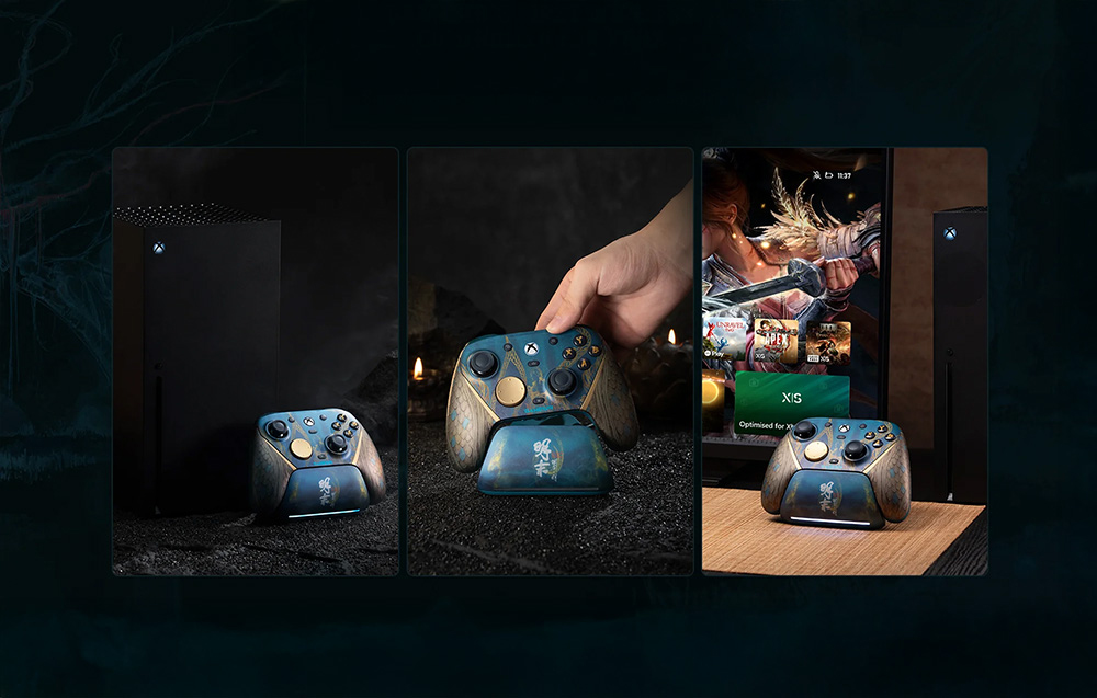 Three shots of a controller with a fantasy theme next to an Xbox console and game screen