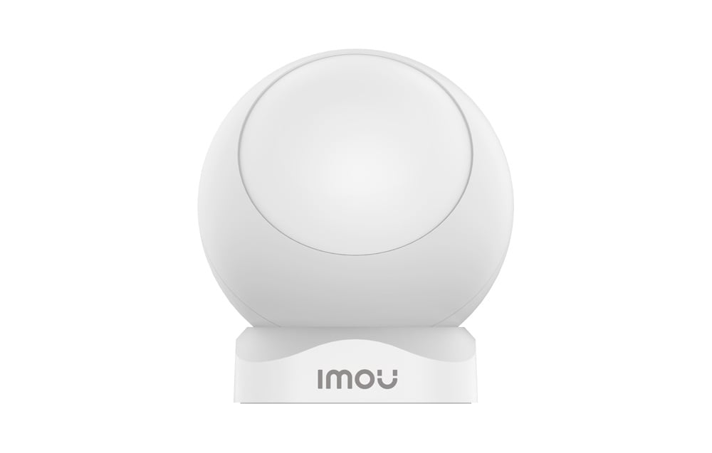 A white, spherical Imou motion sensor placed on a matching stand featuring the brand’s logo