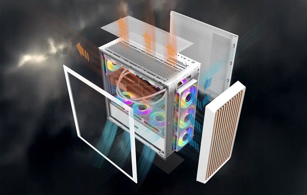 White computer case with fans and arrows suggesting the direction of airflow