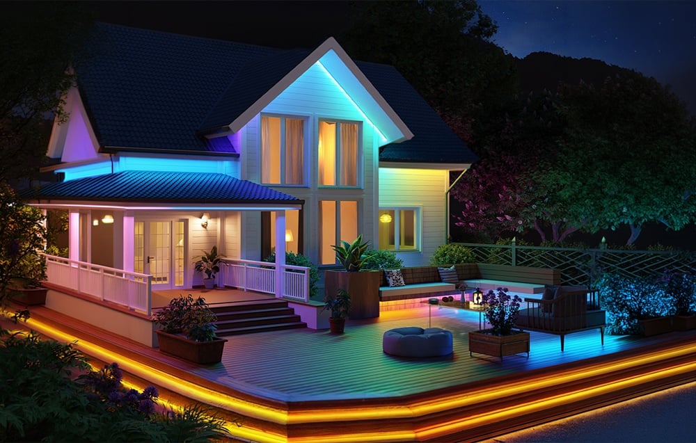 A house illuminated with colorful lights.