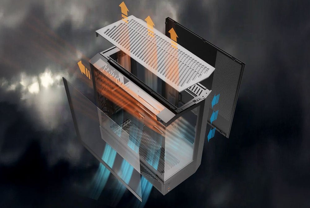 Airflow diagram of the computer case with orange and blue arrows on a fuzzy background