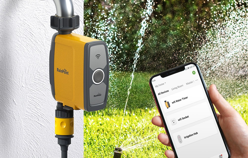 The RainPoint irrigation controller, which connects to a smartphone via the app.