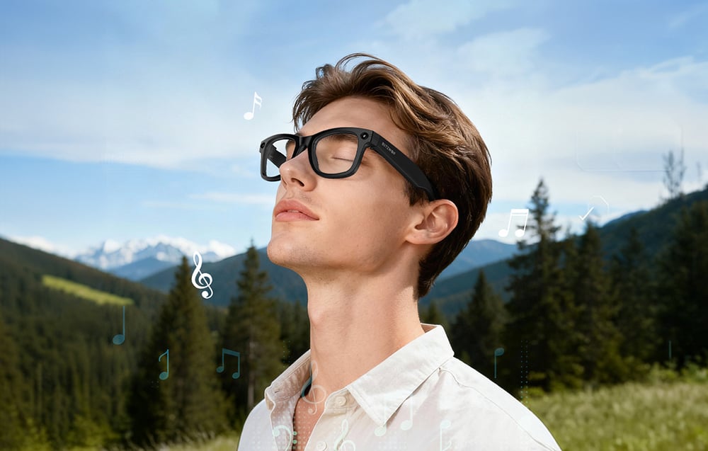 A man wearing glasses stands against a backdrop of mountains and trees with his eyes closed