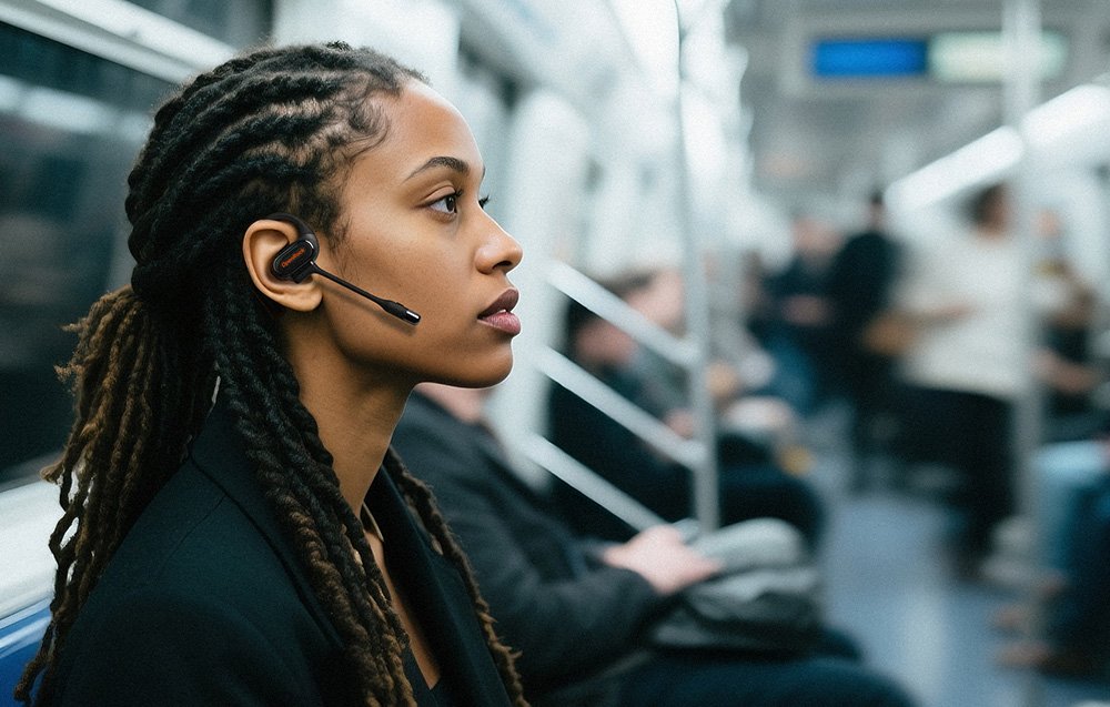 Woman on subway looking ahead, wearing black headphones with microphone