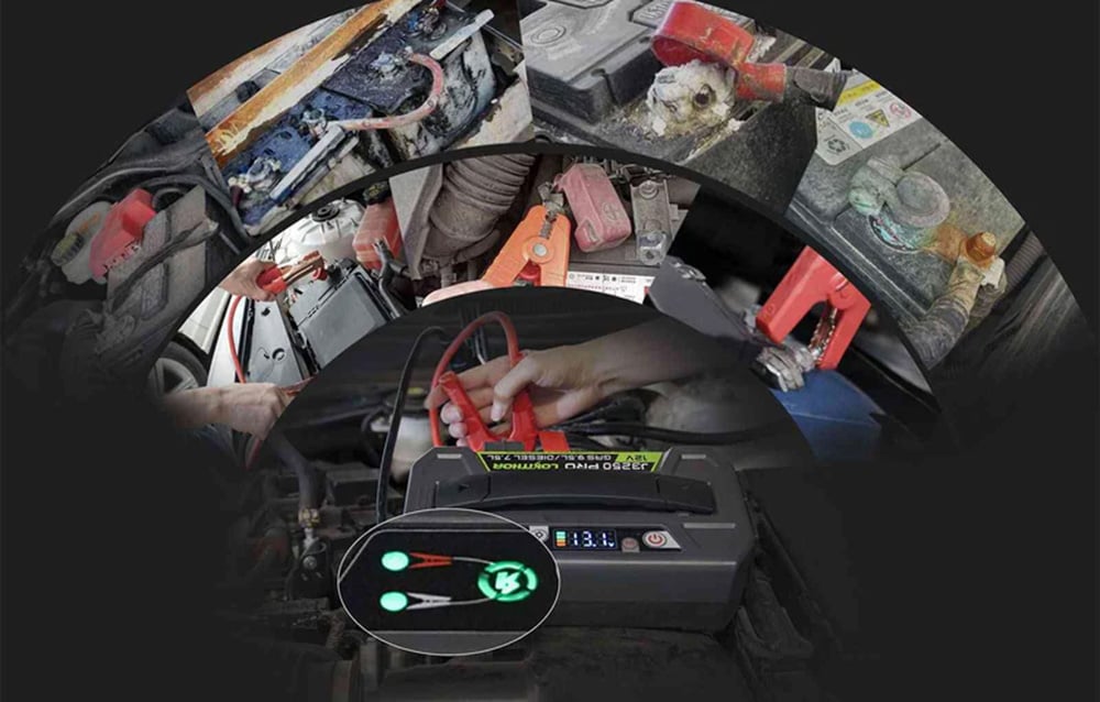 Lokithor J3250 Pro with a secure connection icon against the backdrop of corroded battery clamps.