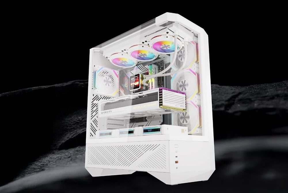 White computer case with colorful RGB fans and backlighting on a lunar landscape