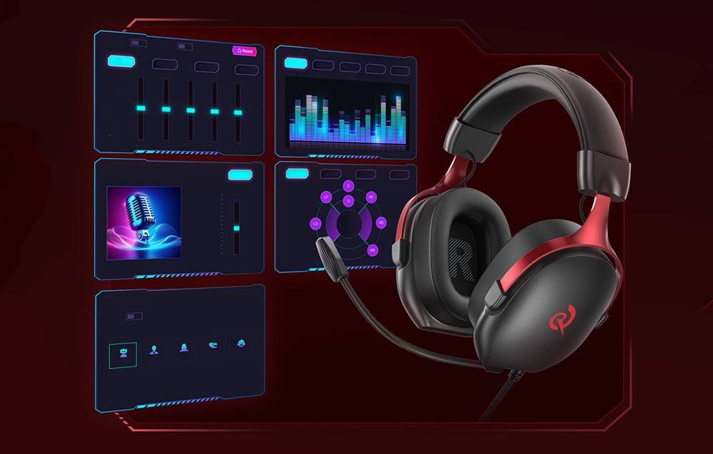 Headset against the background of a software interface with audio settings and a graphic equalizer.