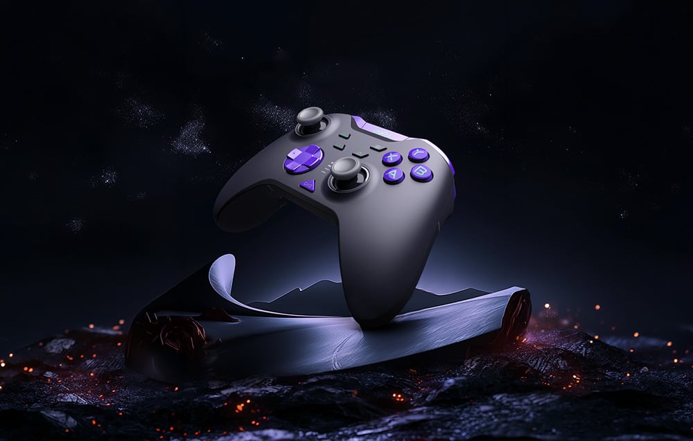 The black PXN controller hovers above an abstract platform against a backdrop of a starry sky and sparks