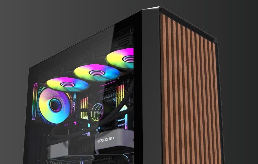 Black and brown computer case with RGB fans on a black background.