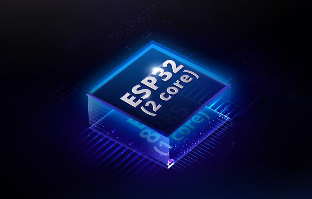 Dual-core ESP32 chip on a black background