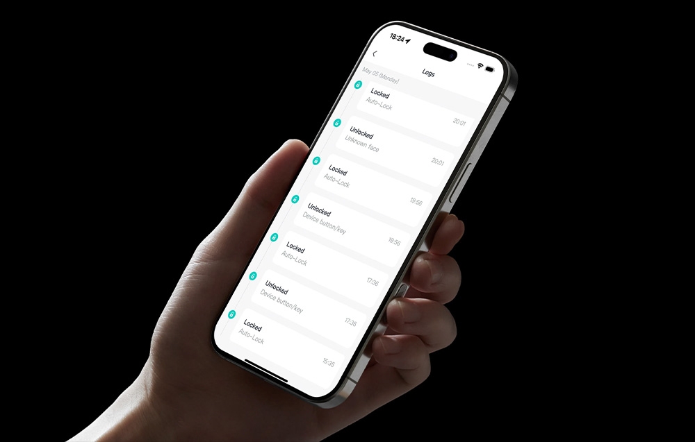 Smartphone displaying SwitchBot app with lock history - statuses