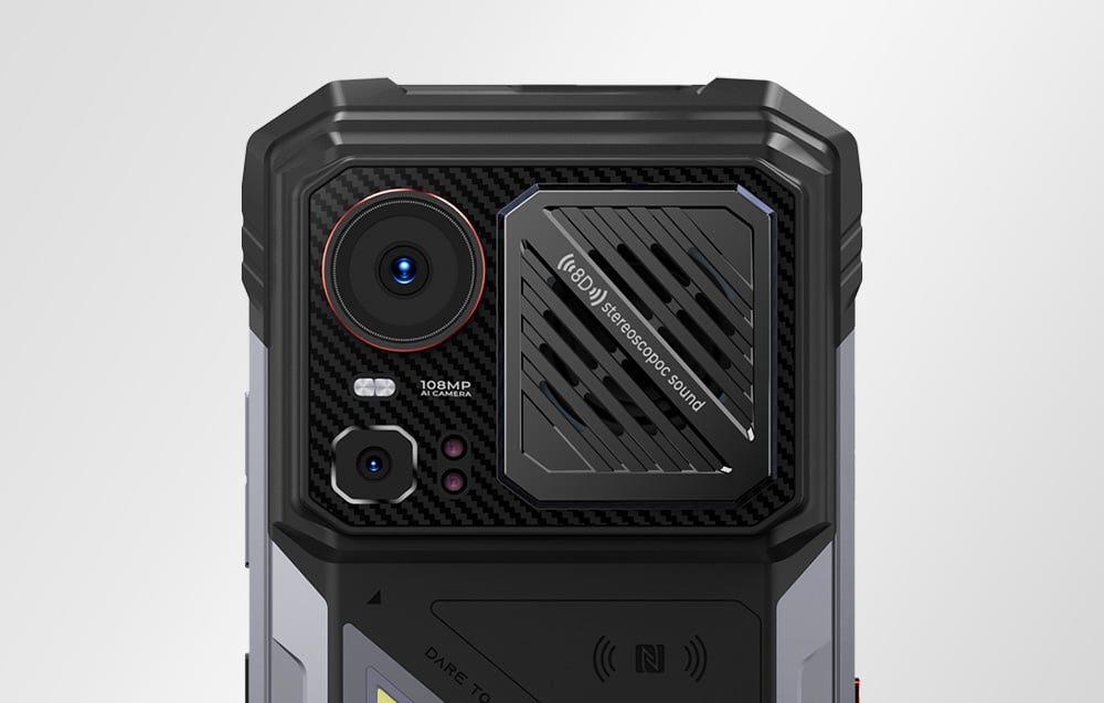 Close-up of the top of the HOTWAV smartphone case: 108 MP camera lens, LEDs, and speaker with