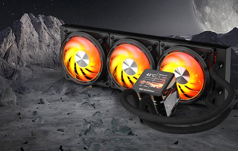 Water cooling with 3 fans and IPS display against a backdrop of rocks and the moon