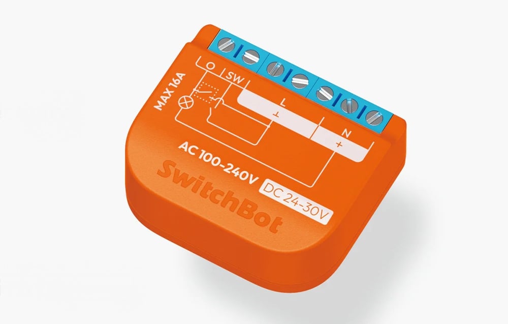 Orange SwitchBot module with AC 100-240V and DC 24-30V connection diagram, top view of blue terminals