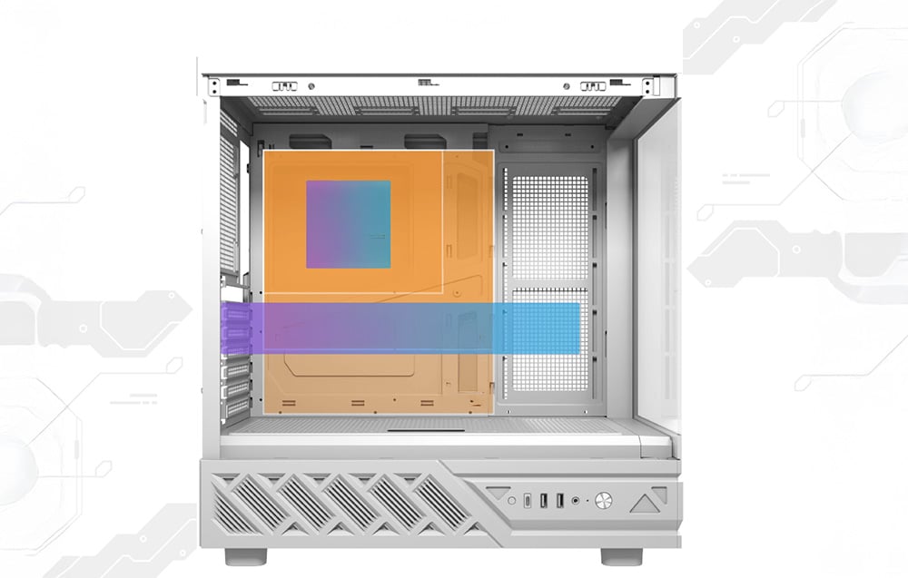 Interior of a white case with colorful markings for the motherboard and other components