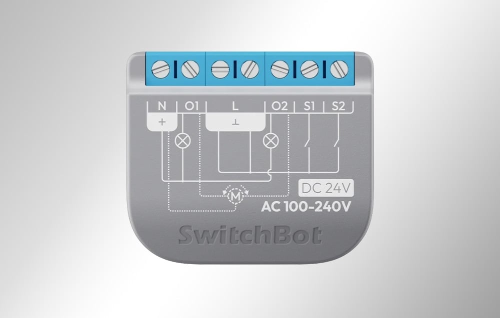 SwitchBot Relay Switch 2PM module with wiring diagram, screw connectors and AC 100-240V markings
