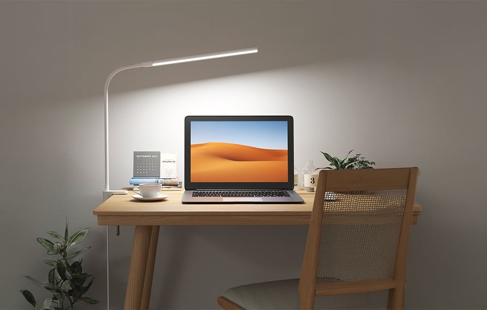 On the wooden tabletop next to the white desk lamp stands a potted plant, three books, and a closed laptop.