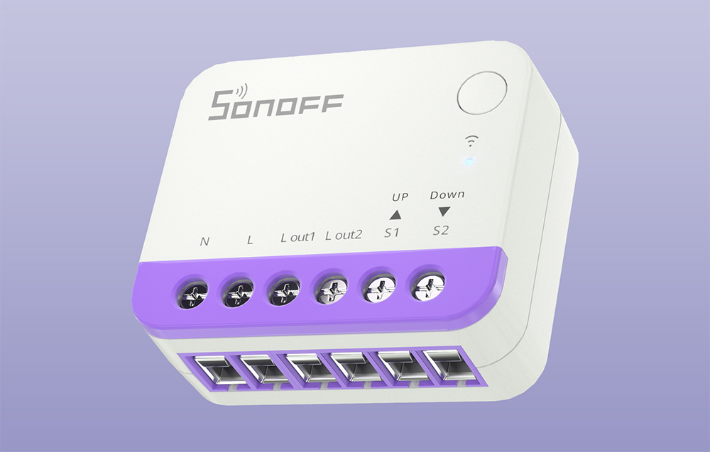 Sonoff control module with purple base and six connection sockets on a white background