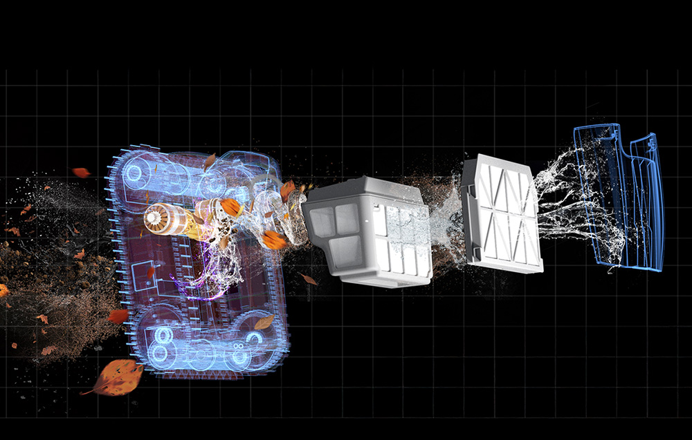 Technical diagram of the robot with filter baskets and visible interior