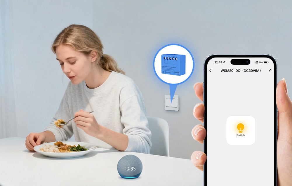 A woman eating a meal next to a speaker and a smartphone with an app that controls the smart switch.