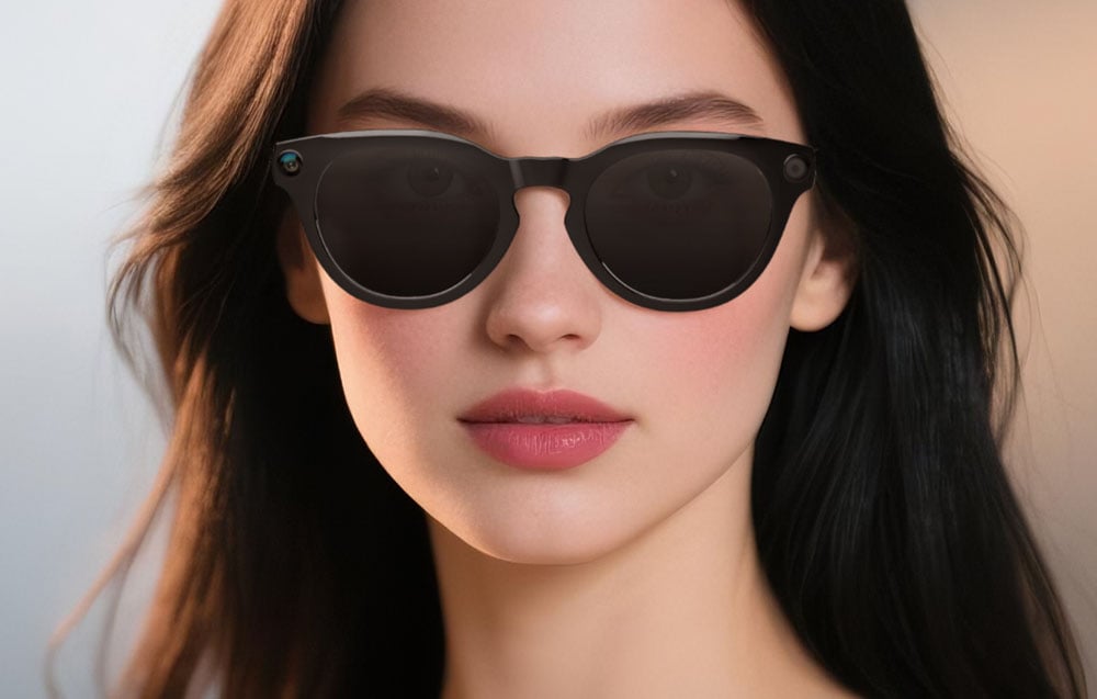 Close-up of a woman's face wearing black smart sunglasses with visible camera lenses on the corners of the frames.