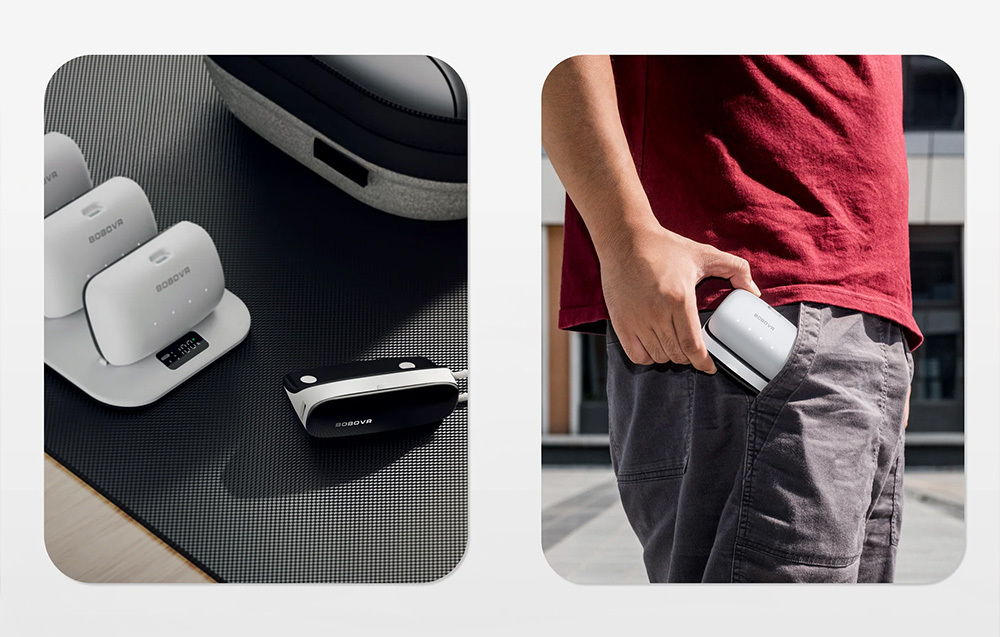 Batteries inserted into the charging base, next to a person putting the BoboVR PD100 power module into their pants pocket