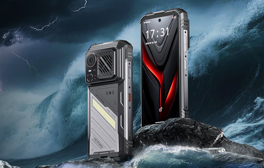 Two HOTWAV smartphones against a backdrop of rough seas and lightning, emphasizing their durability.