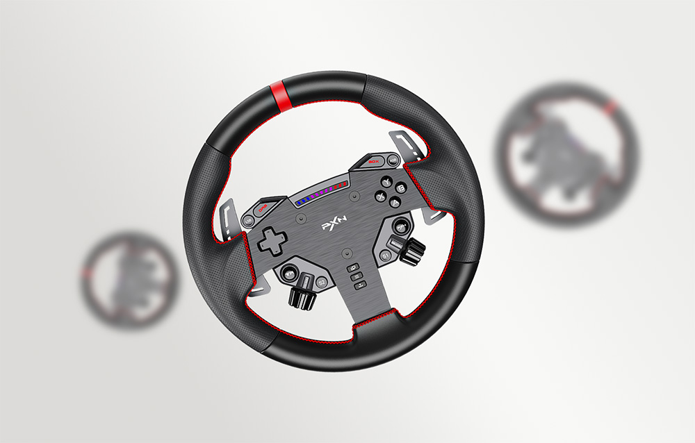 One clear and two blurred gaming steering wheels on a gray background