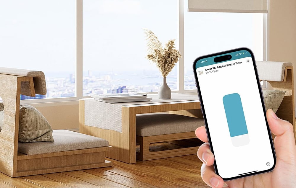 A smartphone with a blind control app against the backdrop of a living room with a large window