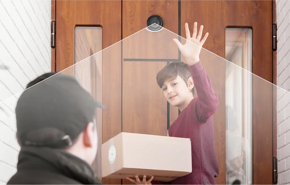 A boy with a package waving at the door viewer; white lines overlaid on the image symbolizing the camera’s field of view