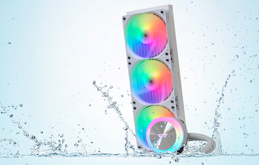 White PC water cooling system with three ARGB fans, positioned vertically against a backdrop of splashing water