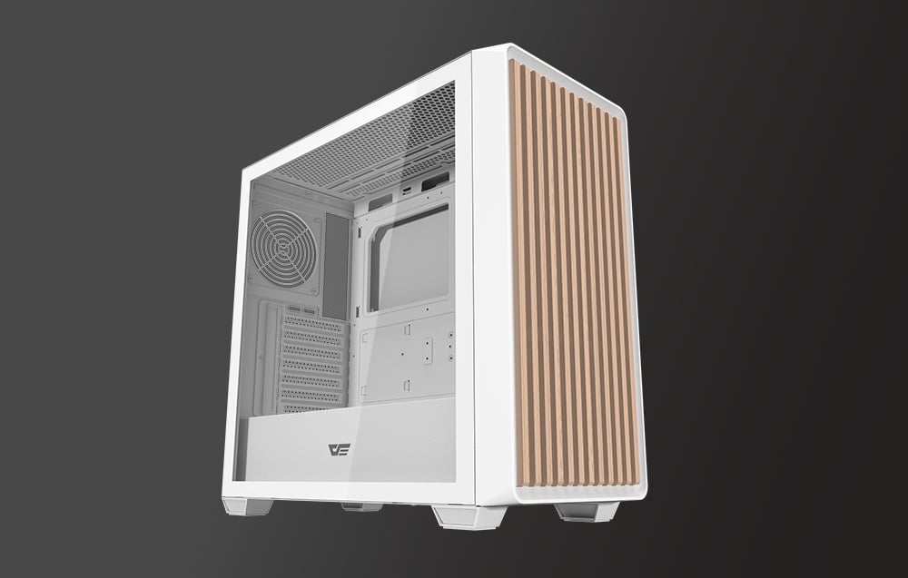 White computer case with wooden elements on a black background