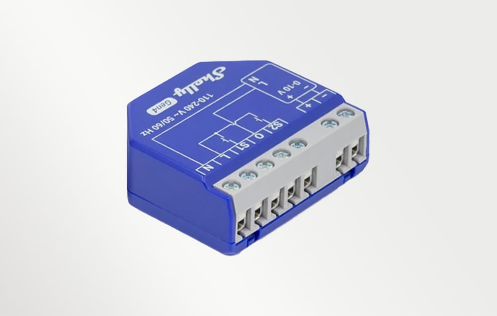 Blue Shelly Gen4 module, angled view of screw terminals, schematic, and markings
