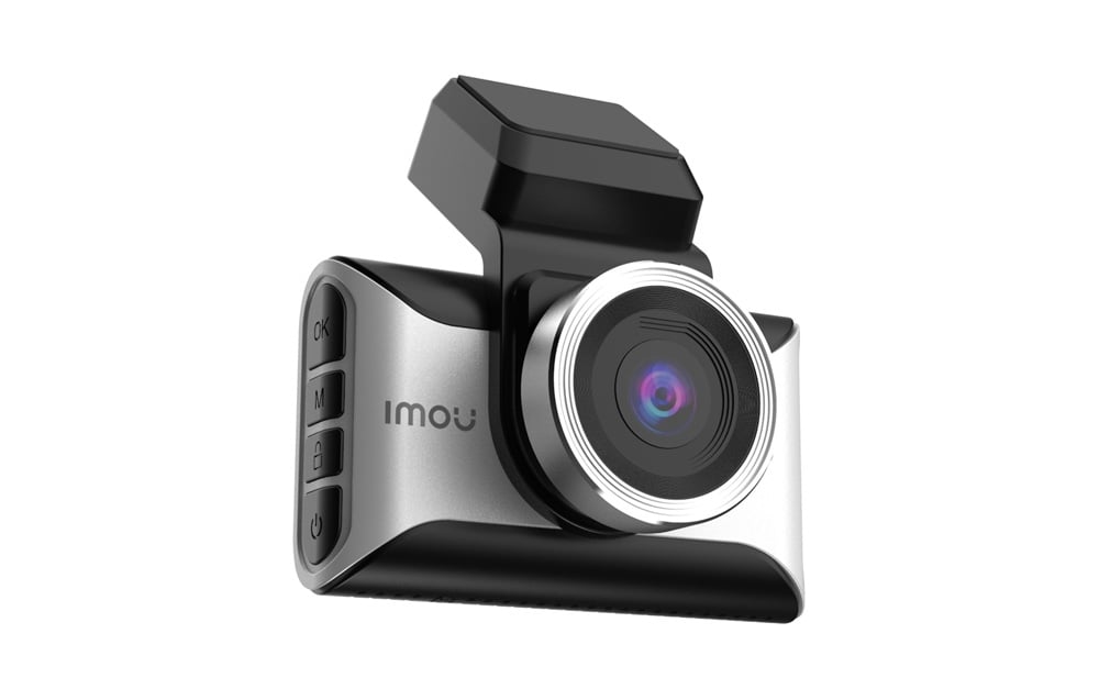 Imou dashcam; side view of the device with OK and M buttons, a padlock icon, and the power button