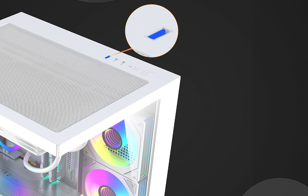 Top panel of the white PC case with visible ports and a larger USB-A port in a circle next to it