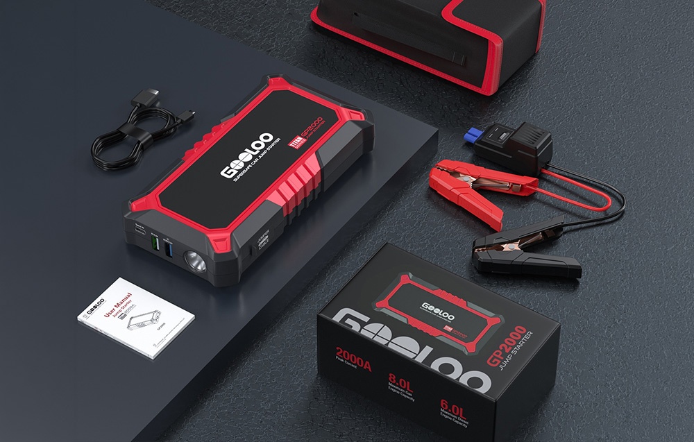 Car jump starter kit with cables, instructions, and box
