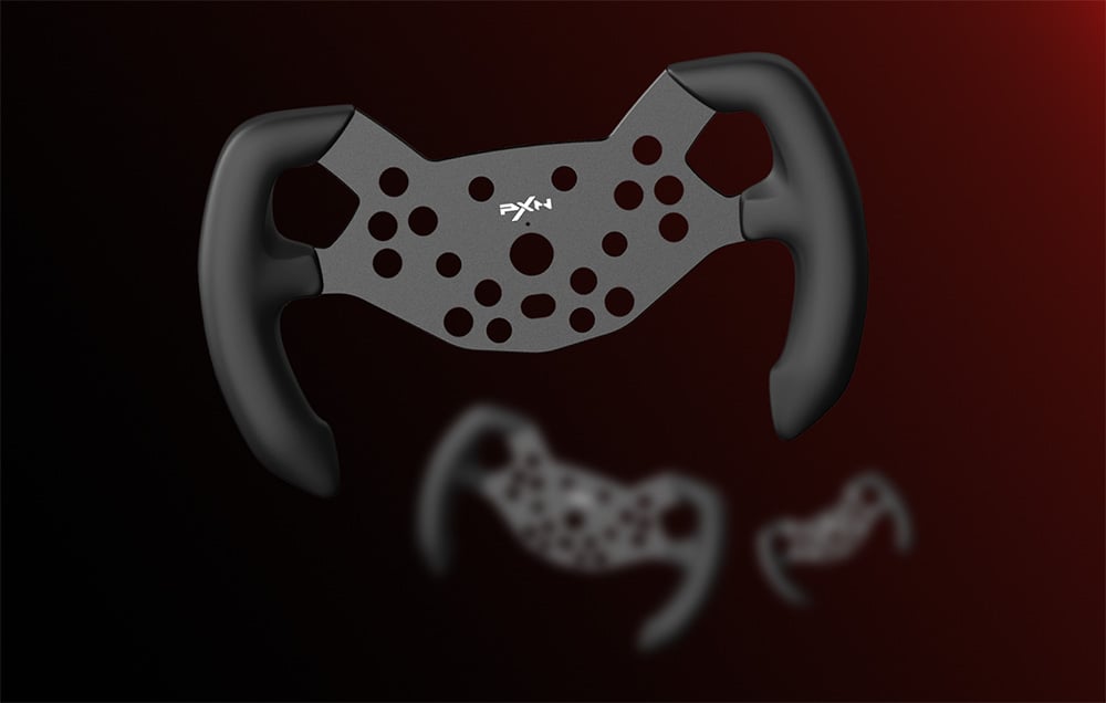 Black open-wheel racing steering wheel viewed from the front, featuring a central PXN logo and blurred duplicates below