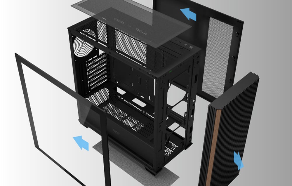Black computer case with tempered glass side panel.